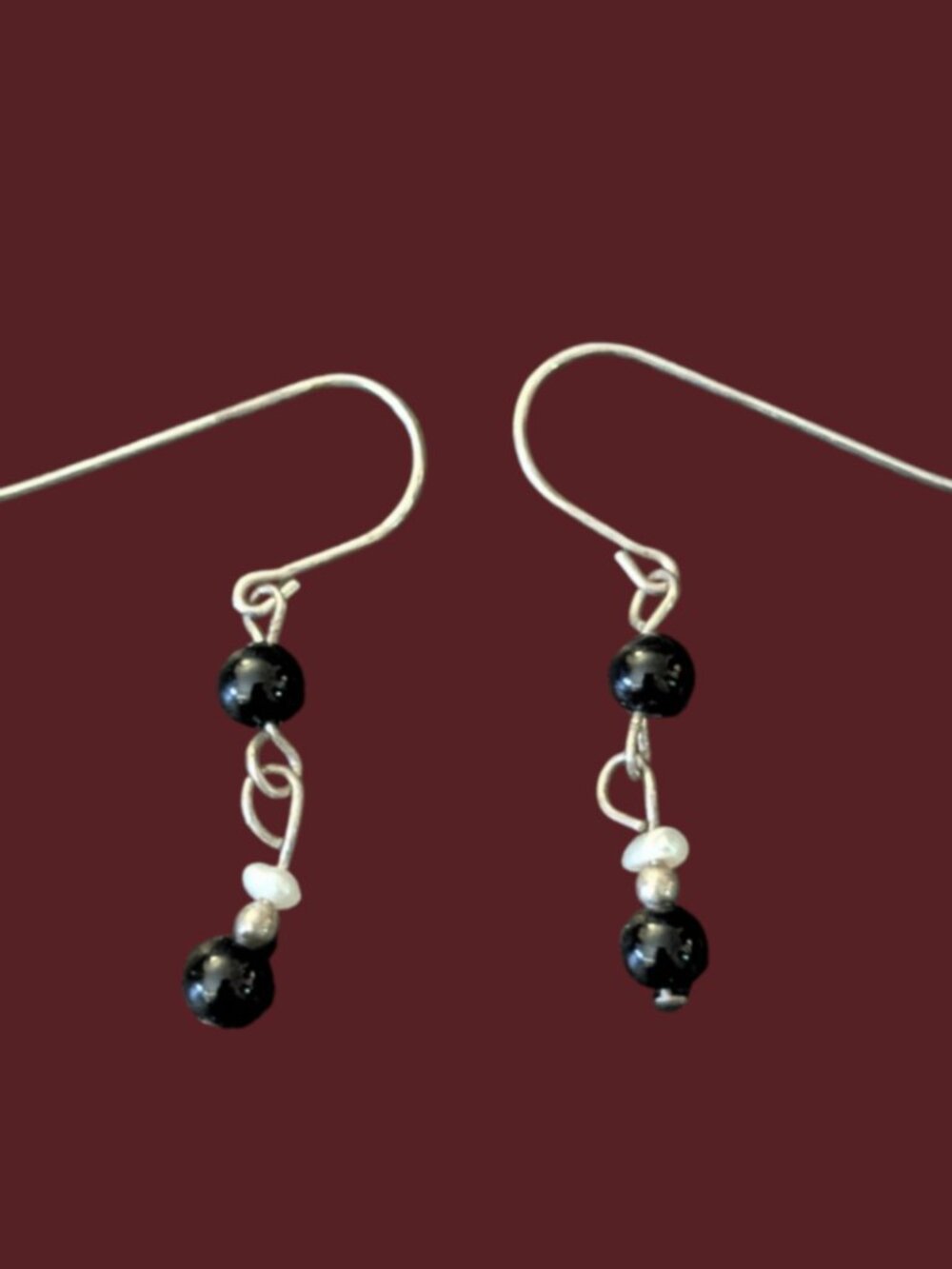 925 Sterling Black Onyx 4.2mm Band Natural Seed Pearl 1.75" Wire Hook Earrings